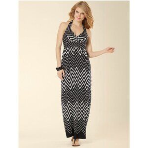 Soma Maxi Dress XL Black White Halter V Neck Stretch Sleeveless Built in Bra